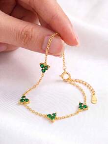 2pcs/Set S925 Sterling Silver Clover Cubic Zirconia Diamond Bracelet And Necklace, Women's Silver Jewelry, Suitable For Women And Girls, Four-Leaf Clover Lucky Design For Daily Wear, Casual, Travel, Party, Collection, Comes With Exquisite Gift Box - Green - View 3