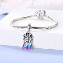 1pc S925 Sterling Silver Dreamcatcher Tassel Bead, Original Star Moon Heart Butterfly Hollow Pattern, Paired With Gradient Colorful Glazed Feathers And Colorful Zirconia, Romantic Bohemian Style, Suitable For Bracelet Necklace, Handmade DIY Jewelry Making Accessories, Symbolizing Protection Of Beautiful Dreams - Multicolor - View 9