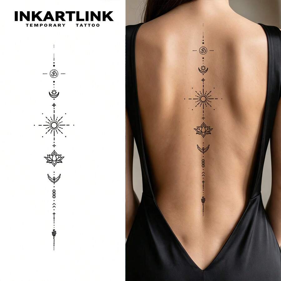 INKARTLINK 1PC Simple Zen Pattern Spine Tattoo Back Decorative Sticker, Temporary Waterproof Body Art Tattoo Sticker, Lasts 1-2 Weeks, Plant Tattoo Juice Tattoo, Suitable As A Gift For Girls, Essential For People, Essential Decoration For Parties - Black - View 1