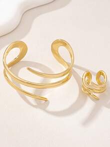 1 Set (1 pieza Brazalete de línea geométrica dorada y 1 pieza Anillo grueso de línea geométrica) - Dorado - Ver 4