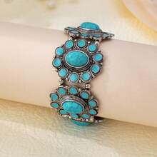 Bohemian Vintage Distressed Silver Turquoise Wide Bracelet, Multi-Layer Sunflower Inlaid Elastic Bangle - Turquoise - View 5
