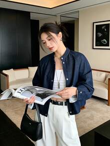 Korean Style Vintage Denim Jacket Zipper Top, College Home Daily Wear, Spring Autumn - Navy Blue - View 2