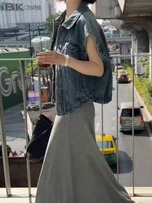 女款藍色牛仔背心外套，夏季無袖翻領層搭牛仔上衣，休閒風 - 藍色 - 查看 4