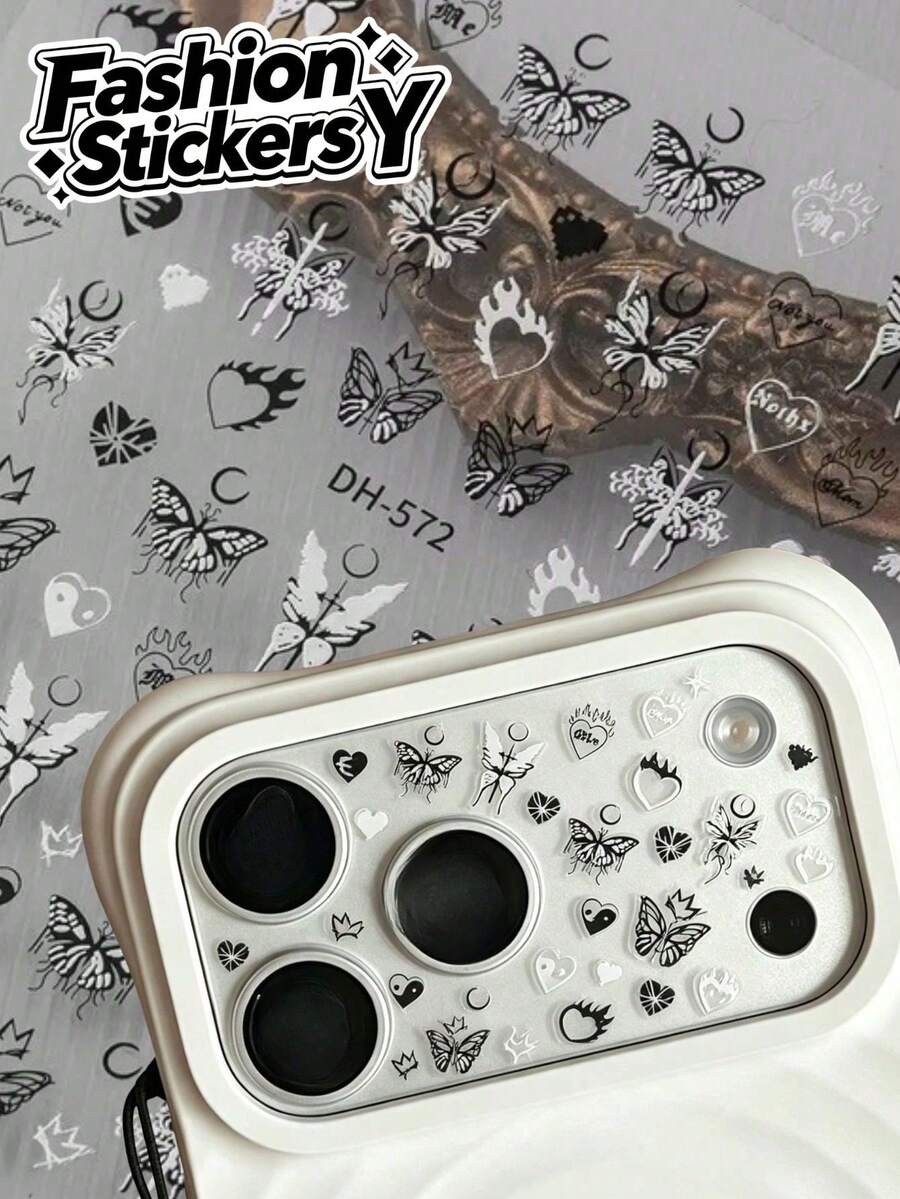 1pc Vintage Gothic Black & White Hollow Sticker, Cool Butterfly With Flame Heart, Crescent Moon, Handwritten English Text, Premium Material For Decorating Instant Camera, Makeup Case, Storage Box, Strong Adhesion Without Damaging Material, Ideal For Craft Enthusiasts To Decorate Items And Create Personalized Handmade Crafts - 1pc DH-572 - View 1
