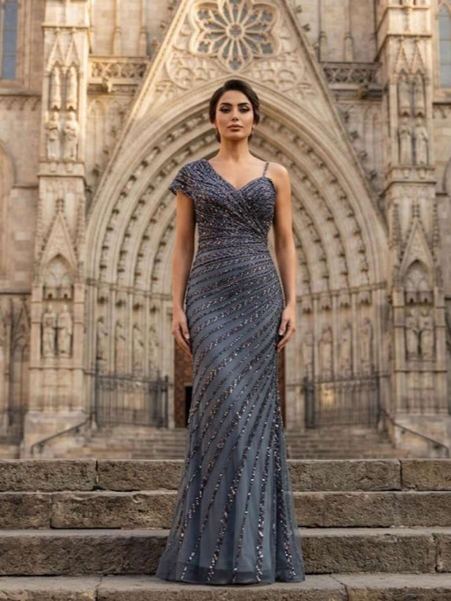 Elegant Women's Knitted Long Formal Dress, Asymmetrical Neckline, Embroidered Flared Skirt, Suitable For Evening Occasions - Gray Blue - View 1