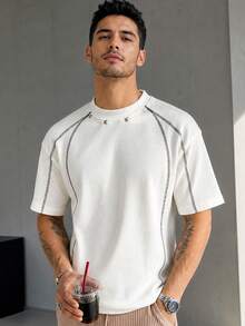 1pc Men's T-Shirt, White Waffle Texture With Rivet Decor, Waffle Knit Fabric, Loose Fit Stylish Design, American Casual Street Style, Suitable For Daily And Summer Wear - White - View 2