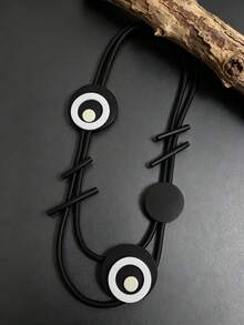 MARLIWOO 1pc Vintage Colorblock Round Patchwork Long Draped Necklace, Exaggerated Statement Neckpiece, Fashion Gothic Style - Black - View 2