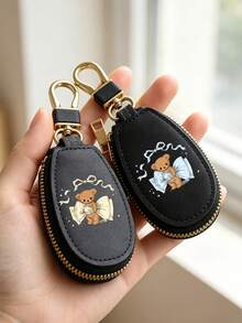 Car Key Case, Bear Print Key Holder, Pu Leather Key Pouch, Cute Bow Car Key Bag, Zipper Key Storage, Portable Car Key Case, Unisex Key Holder - Multicolor - View 4
