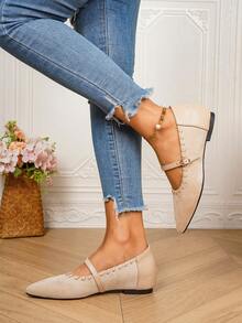 2026 New French Style Pointed Toe Flat Mary Jane Shoes For Women, Low Vamp, Elegant Fashionable For Outwear, Pairs Well With Skirts - Beige - View 6