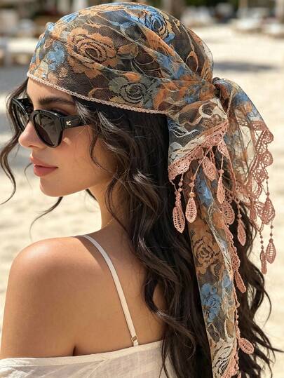 1pc Bohemian Vintage Floral Lace Bandana With Tassel Leaf Pendant, Beach Vacation Style Headscarf Shawl