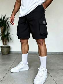 Men's Solid Color Elastic Waist Drawstring Pocket Cargo Shorts, Breathable And Comfortable - Black - View 1