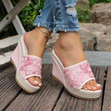 Women's Summer New Slip-On Wedge Platform Sandals, Thick Sole Mesh Floral Fabric, Lightweight Non-Slip High Heel Slouchy Slides - Pink - View 8