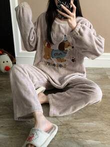 Cartoon Dog Embroidery Flannel Pajama Set, Long Sleeve Top & Wide Leg Pants Loungewear, Winter Clothes For Women, Cozy Warm Sleepwear,Outfit Vacation - Mauve Purple - View 4