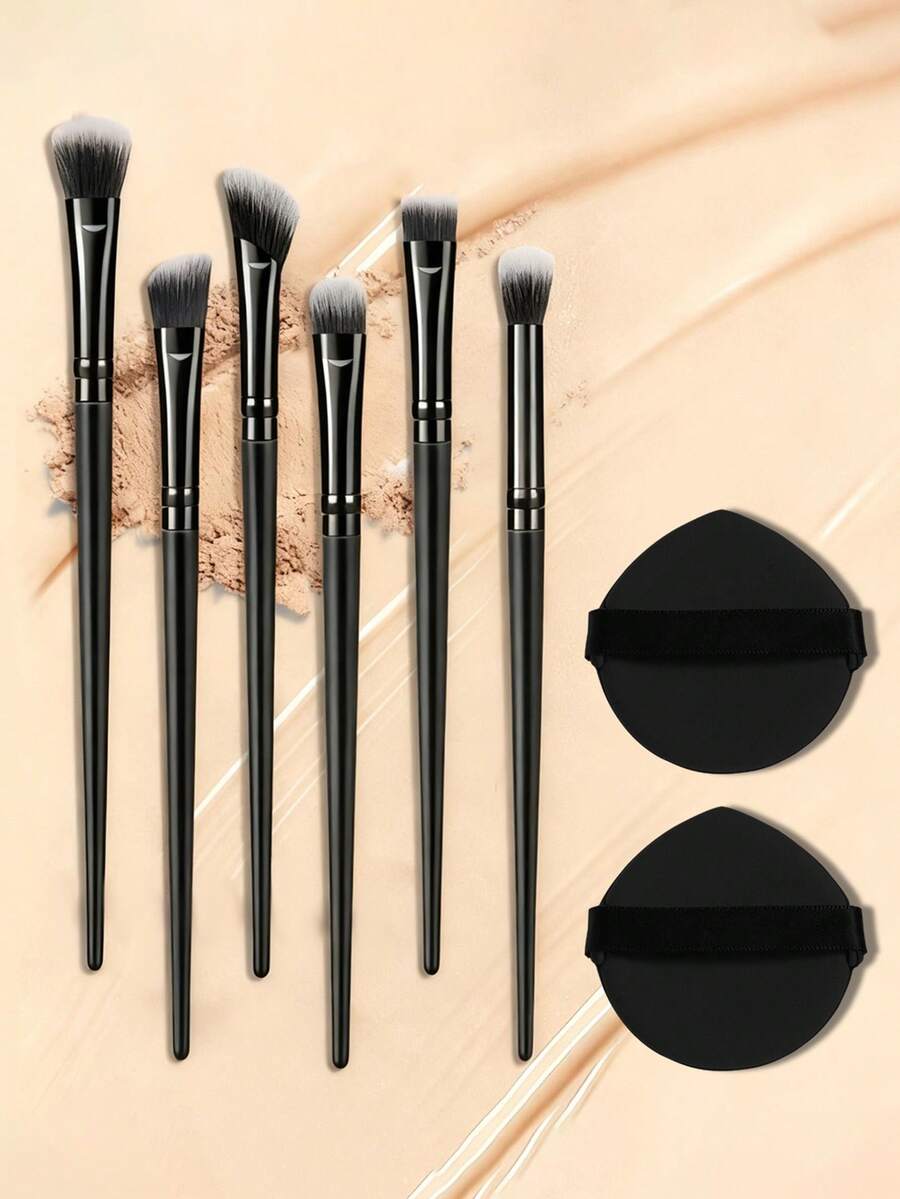 8pcs Makeup Brush Set, 6pcs Facial Makeup Brushes And 2pcs Teardrop-Shaped Velvet Powder Puffs, Soft Synthetic Bristle Makeup Brushes, Suitable For Blush, Contour, Highlighter And Setting Powder - Multicolor - View 1