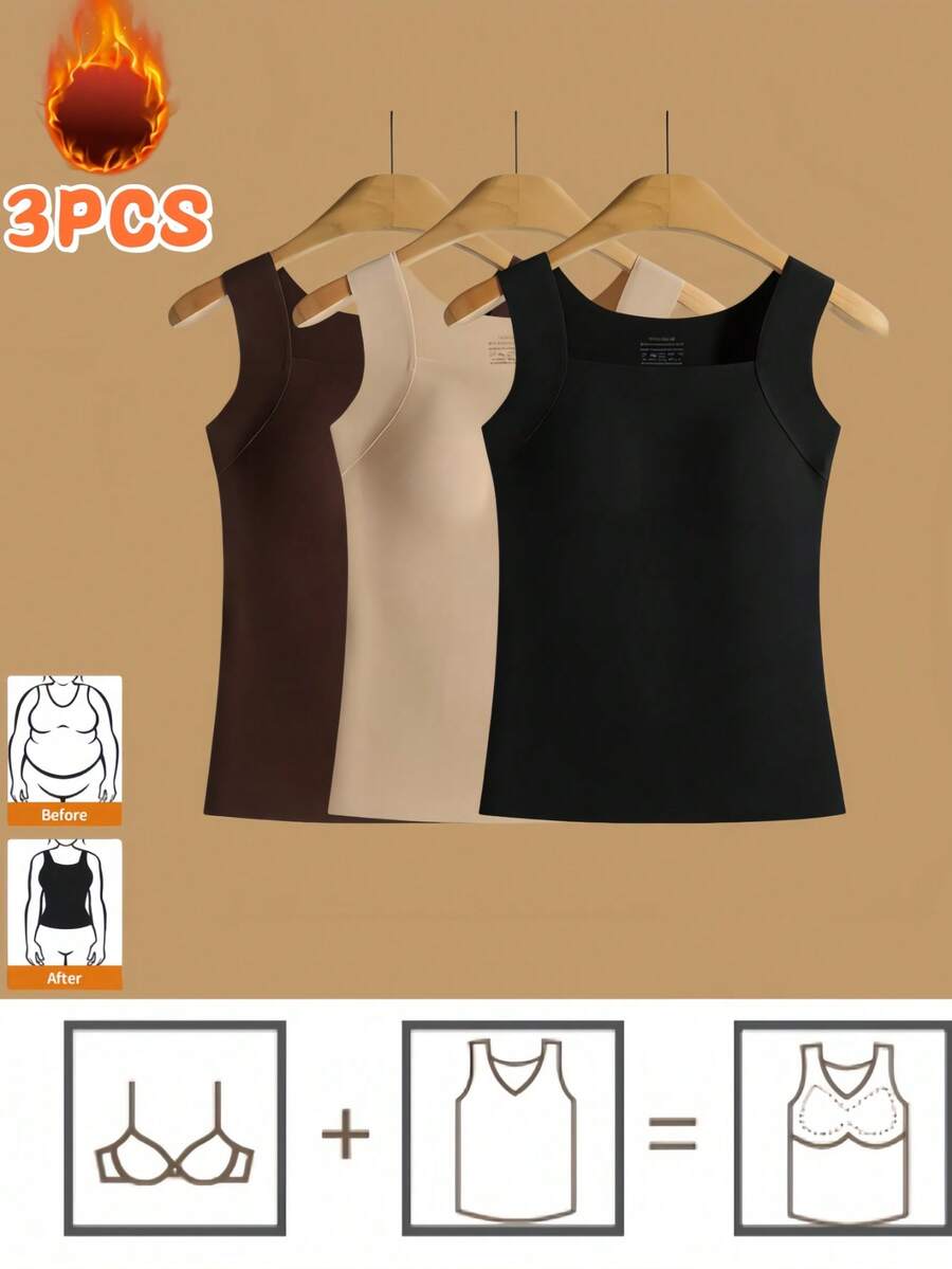 3pcs Seamless Base Layer Camisole Set, Slimming & Lifting Skin-Smoothing Undershirt With Removable Padded Cups - Multicolor - View 1