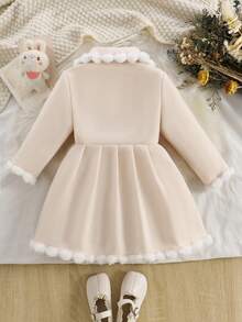 Girls' Elegant Exquisite Wool Coat, Autumn/Winter Fashion New Style, Cute Bow Decor, Patchwork Faux Fur Peter Pan Collar, Single-Breasted Button Front, Apricot Long Sleeve Mid-Length Knee-Length Jacket, Back To School - Apricot - View 8