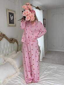 2-Piece Women's Loose, Comfortable, Breathable Long-Sleeved Shirt + Pants Cute Pajama Set - Hot Pink - View 4