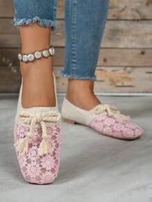 1雙女款花卉刺繡平底鞋，透氣夏季女休閒鞋 - 粉色 - 查看 3
