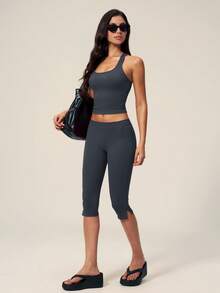 TimeOff Women's One Set Solid Color U-Neck Square Neck Racerback Tank Top And Side Slit Mid-Length Shorts Sports Set - Grey - View 10