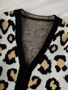 Spring/Autumn New Leopard Print Colorblock V-Neck Cardigan, Women's Casual Loose Short Knit Sweater Jacket - Multicolor - View 3