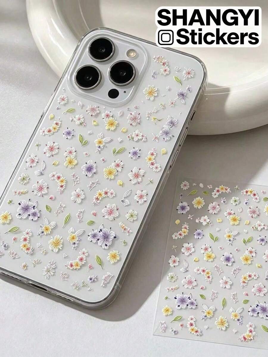 1pc Purple & Yellow Embroidered Floral Decorative Sticker, Gradient Colorful Small Flowers With Light Green Leaves, Realistic Fabric Embroidery Texture, Gentle Pastoral Style, Suitable For Collage, Phone Case Decoration, Water Bottle Sticker, Notebook Embellishment, Compatible With Various Handmade DIY Crafts - Purple and Yellow Embroidered Floral Pattern - View 1