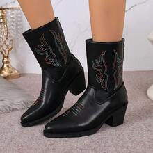 Women's Retro 2026 New Embroidered Western Boots, Chunky Heel, Pointed Toe, Back Zipper, Fashion Ankle Boots For Outdoor Wear - Black - View 11