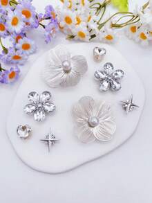 8pcs Pearl Flower Shoe Charms DIY Detachable Shoe Decorations ABS Rhinestone Shoe Accessories Suitable For Wooden Clogs Women Sandals Slippers Beach Shoes, Holiday Gift - Silver - View 7