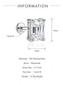 AnlaScheer 1pc Silver Tone 925 Sterling Silver Classic 1ct Rectangular Moissanite Jewelry, Hypoallergenic Accessory, Suitable For Women's Daily, Party, Wedding - Silver - View 9