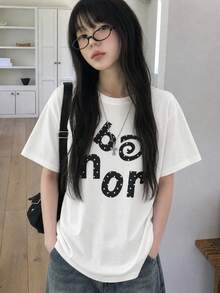 Y2K韓風Bonor波點字母印花短袖T恤 女款 白色寬鬆圓領INS休閒上衣 夏季 - 白色 - 查看 2