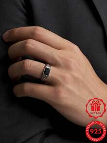 1pc 925 Sterling Silver Vintage Synthetic Black Agate Square Ring, Daily Wear Birthday Anniversary Gift Choice, Comes With Gift Box - Silver - View 4
