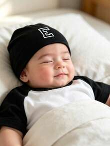 1pc Cute Alphabet Baby Beanie Hat, Soft Stretchy Infant Skull Cap With Chenille Letter Patch, Personalized Newborn Hat, Baby Girls Boys Daily Wear - Black - View 2