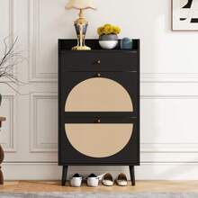 Rattan-Look Shoe Cabinet / Large Spacious Shoe Cabinet / Two-Tier Shelves / Easy To Clean / Load Capacity: Approx. 10 Kg / Suitable For Living Room, Entrance, Hallway - Black - View 4