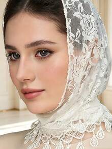 White Floral Lace Hijab With Teardrop Tassels, Soft Breathable Floral Pattern Lace Headscarf, Elegant Muslim Women Modest Head Wrap, Lightweight See-T - Beige - View 5