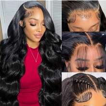 Schwarze Body Wave Lace Front Perücke für Damen 13x4 transparente Lace Front vorgezupft kleberfrei hitzebeständig Body Wavy Textur hochdichte Perücke geeignet für täglichen Gebrauch Party Cosplay - Schwarz - Übersicht 2