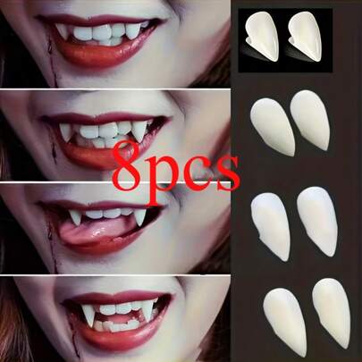 4sets 8pcs Vampire Teeth With Adhesive Fake Teeth Halloween Party Props Fangs, Makeup Props (13mm, 15mm, 17mm, 19mm.)