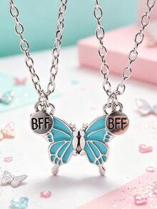 Back To School 2pcs Butterfly Magnetic Pendant Necklace For Girls, Cute Cartoon Colorful Butterfly BFF Necklace, Adjustable Geometric Jewelry Gift, Couple Necklace Accessories - one-size - View 7
