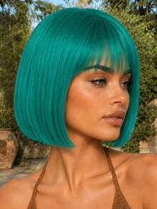 Women's 12 Inch Short Bob Wig, Synthetic Blue-Green Color, With Bangs, Glueless Bob Wig, Fashionable Elegant Versatile, Suitable For All Women Daily Wear, Party, Cosplay,Halloween - Cyan - View 1