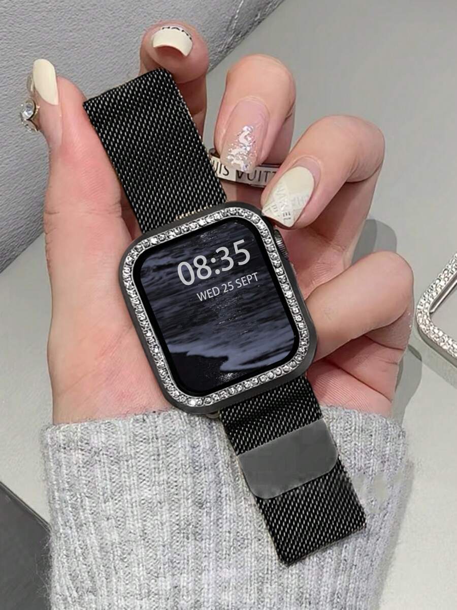 2pcs Black Unisex Fashion Milanese Watch Band + Protective Case, Compatible With Apple Watch 44/40/41/45/42/46/38mm Ultra 2 49mm, Magnetic Metal Watch Chain, Luxury Stainless Steel Watch Band, Compatible With Series 11 10 9 8 7 SE 6 5 4 3 2 1, Fashionable Smart Watch Band Chain Strap Accessories Compatible With Apple Watch, Smart Watch