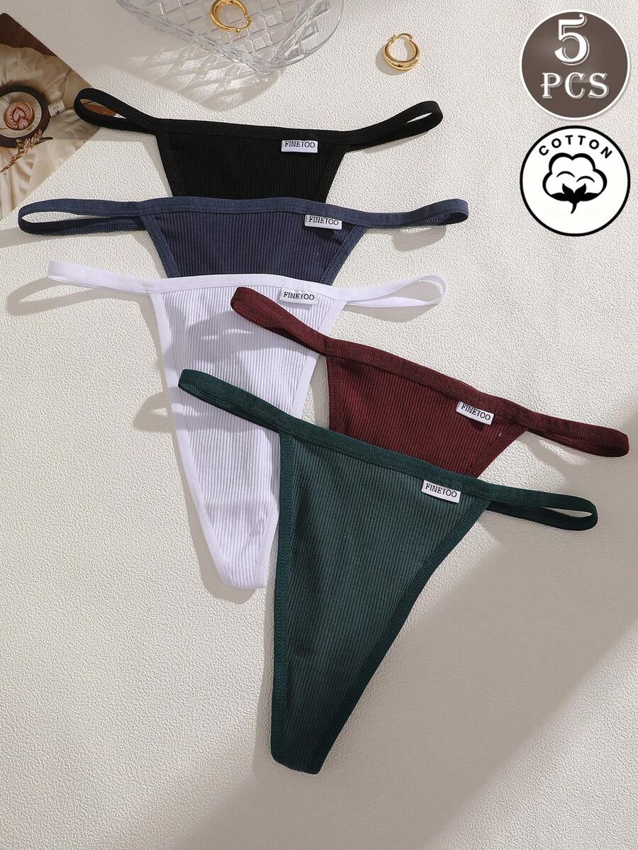 5件組女款多色直條紋細腰帶低腰性感丁字褲 - 彩色 - 查看 1