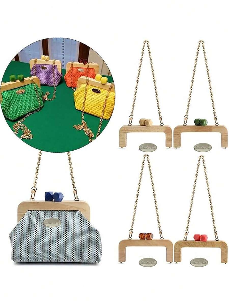 Wooden Bag Handle With "Kiss Lock" Fastener, Metal Long Chain, DIY Bag Strap, Handbag Replacement Handle, Bag Making Material, Universal DIY Bag Accessory, Ideal Handbag Handle Replacement Part; Especially Suitable For Fresh Summer Style Design, Applicable For Summer Straw Beach Bag Making, Repair And DIY Decoration Accessory, Gift Making And Home Decor, Suitable For DIY Square Coin Purse Or Handbag - Multicolor - View 1
