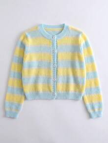 Women's Dopamine Striped Short Knit Cardigan, Soft Fuzzy Blue‑Yellow Sweater Jacket, Sweet Style For Fall Winter Daily & School Outings - Baby Blue - View 8