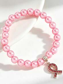 2 piezas/Set Pulsera de cuentas rosa con colgante de cinta rosa para concientización del cáncer de mama, accesorio para niños - Rosa - Ver 5