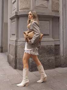 FGGG Fashion Musim Semi/Musim Gugur Wanita Blazer Minimalis Serbaguna Gaya Vintage Longgar Warna Abu-abu Muda Kerah Tinggi - Khaki - View 6