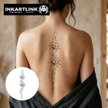 INKARTLINK 1入雙蓮花脊椎紋身背部裝飾貼紙，臨時防水身體藝術紋身貼，可維持1-2週，植物紋身果汁紋身，適合送給女孩的禮物，人們必備，派對必備裝飾 - 黑色 - 查看 2