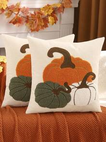 1 pièce/2 pièces Taie d'oreiller d'Halloween en canevas brodé Citrouille Feuille d'érable Oiseau Récolte d'automne Thanksgiving Canapé Salon Chambre Décoration de la maison Cadeau de fête - Vert - Voir 8