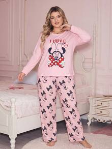 Disney 2 Pieces Plus-Size Pink Pajama Set For Women, Featuring A Mickey And Minnie Mouse Print Top And Pajama Pants, Casual Loungewear. - Multicolor - View 3