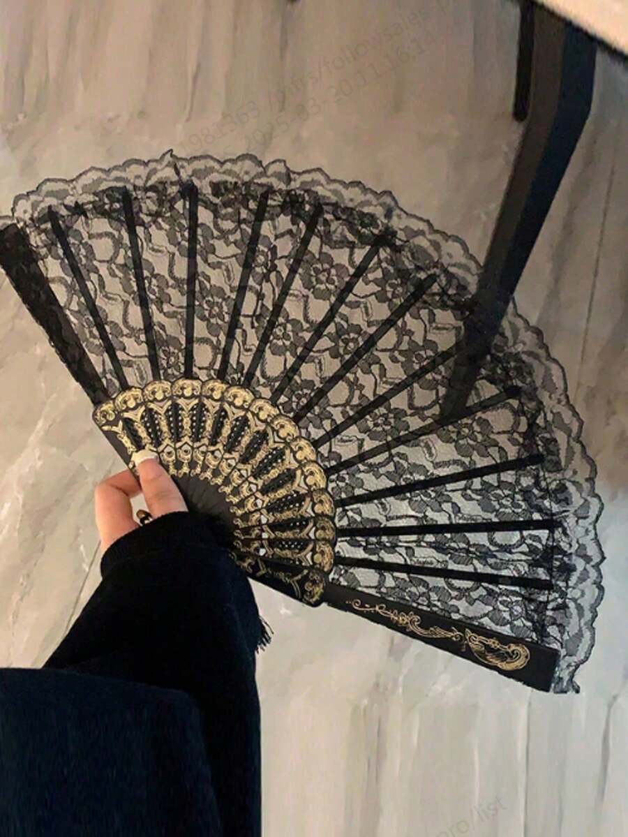 1pc Vintage French Lace Tassel Folding Hand Fan, Portable All Season, Suitable For Dancing - Multicolor - View 1