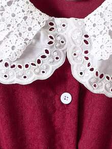 Tween Girls Christmas & Halloween Elegant Burgundy Corduroy Half-Button Cinched Waist Long Sleeve Dress With Contrast White Embroidered Lace Peter Pan Collar, Autumn/Winter Holiday Party Single Piece - Red - View 8
