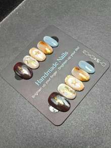 10pcs Handmade Oval Press-On Nails, Vintage Multi-Color Cat Eye Fake Nails With Polka Dots, Sun Lines, Gold Foil, Glitter And Rhinestones, Glossy Reusable Design For Summer Vacation, Travel, Graduation Party, World Cup, US Independence Day, Beach And Daily Wear For Women And Girls - Multicolor - View 2