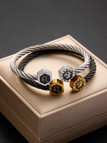 1Pc Men 12 Zodiac Twisted Cable Open Cuff Bracelet, Hexagon Constellation Stainless Steel Couple Bangle, Black Gold Silver Two Colors, Gift For Boyfri - Szgss168 - View 6